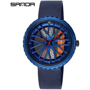 Sanda Mode Mannen Quartz Horloges Casual Steel Grid Waterdicht Horloges 3D Auto Wiel Model Wijzerplaat Mannen Klok Relogio Masculino