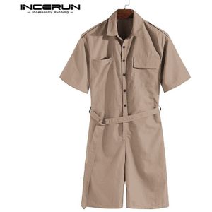 Incerun Mode Heren Jumpsuit Rompertjes Zakken Half Mouw Riem Broek Harajuku Playsuit Mannen Cargo Overalls Streetwear S-5XL