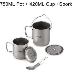 Lixada 3 Stuks Titanium Lichtgewicht Servies Set Outdoor Water Mokken Pot Vouwen Spork Kookgerei Camping Wandelen Backpacken