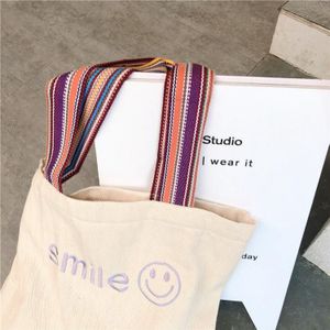 Koreaanse Borduurwerk Herbruikbare Canvas Shopping Handtas Mode Lachend Gezicht Grote Capaciteit Tote Bag Printing Schoudertassen