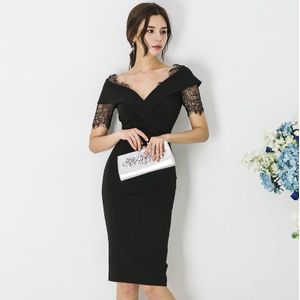 YuooMuoo Mode Elegante Kant Patchwork Vrouwen Lange Party Zwarte Jurk Slanke Schede Solid V-hals De Schouder Zomer Jurken