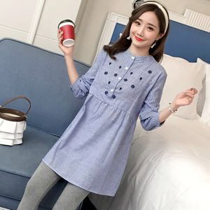 Herfst Mode Borduren Zwangere Vrouwen Katoenen Shirts Lange Mouw Linnen Moederschap Jurk Streep Blouse Zwangerschap Kleding