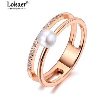 Lokaer Titanium Rvs Witte Parel Ring Trendy Mozaïek Cz Crystal Rose Gouden Trouwringen Sieraden Voor Vrouwen Meisjes R20062