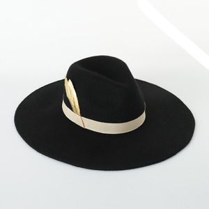 100% Wol Brede Rand Fedora Hoed Vrouwelijke Klassieke Stijl Veer Band Jazz Hoed Warme Muts Dames Sombrero Mujer Bruiloft hoeden