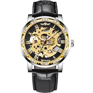 Winnaar Mode Diamant Blauwe Handen Lichtgevende Mannen Horloges Mesh Steel Skeleton Hand wind Mechanische Mannelijke Klok