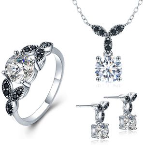 [ZWART AWN] 925 Sterling Zilveren Fijne Sieraden Sets Ronde Engagement Sets Ketting + Earring + Ring voor Vrouwen PTR035