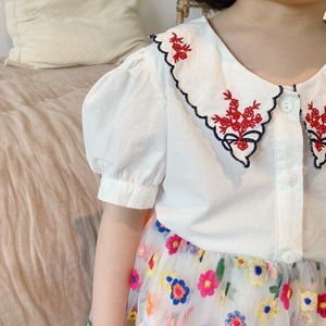 Zomer Leuke Meisjes Bloem Borduren Turn-Down Kraag Blouses Kids Katoen Plaid Korte Mouw Tops Kleding