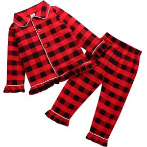 1-5Years Herfst Winter Baby Meisjes Pyjama Sets Plaid Print Lange Mouwen Single Breasted Ruches Tops Broek 2 Stuks
