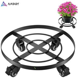 Amkoy Metalen Ronde Bloem Plant Pot Lade 4 Wielen Zware Planter Bloemen Pot Mover Trolley Plaat Standhouder Tuingereedschap