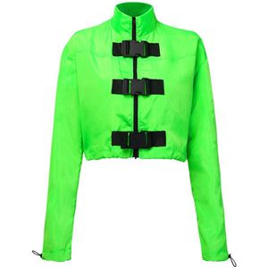 Neon Groene Vrouwen Korte Jas Rits Gesp Casual Windjack Lange Mouwen Elastische Trekkoord Jas Streetwear