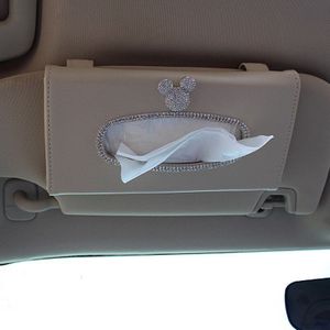 Pu Lederen Auto Tissue Box Zonneklep Diamant Kristal Cartoon Auto Tissue Bag Zonneklep Opknoping Houder Gevallen Auto Accessoires