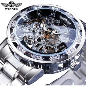 Winnaar Classic Blue Mens Mechanische Horloges Romeinse Zwart Roestvrij Stalen Band Rhinestone Skeleton Hand Wind Bedrijvengids Horloge Klok