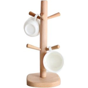 Houten Keuken Opbergrek Mok Rack Boom Verwijderbare Bamboe Mok Stand Opslag Koffie Thee Cup Organizer Hanger Houder Met 6 haken