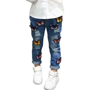80-120 Baby Meisjes 3D Vlinder Borduurwerk Decor Jeans Ripped Elastische Tailleband Casual Denim Lange Broek Kinderen Mode Broek