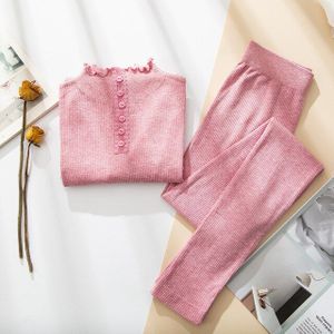 Effen Kleur Warme Lange Onderbroek Vrouwelijke Winter Kleding Coltrui Single-Breasted Elegante Ruches Slanke Vrouwen Thermisch Ondergoed Set