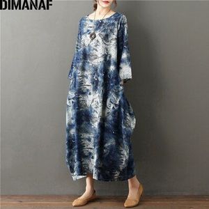 DIMANAF Vrouwen Zomer Jurk Plus Size Femme Elegante Dame Vestidos Vintage Stijl Losse Kleding Linnen Afdruk Blauw Lange Jurken