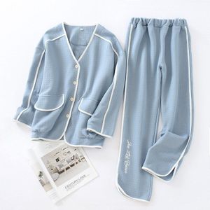 Japanse zoete v-hals pyjama sets vrouwen winter warm houden scuba 100% katoen nachtkleding vrouwen lange mouw pyjama vrouwen