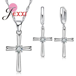Classice Cross Shape Crystal 925 Sterling Zilveren Ketting Hangers Oorbellen Sieraden Set Voor Vrouwen