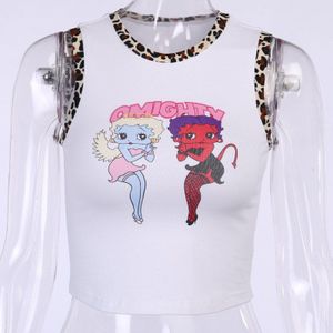 Cartoon Print Mouwloze O-hals Vrouwen Witte Slanke Elastische Casual Mode Zomer Crop Tops Vrouwelijke Camis Luipaard Mouw