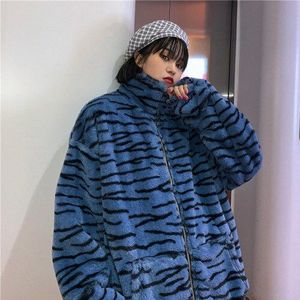 Harajuku Retro Winter Warm Jassen Vrouwen Mode Pluche Rits Pocket Jassen Zebra Gestreepte Parka Uitloper Jassen 55454