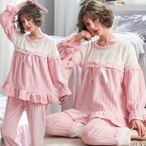 Postpartum Vrouwen Pyjama Flanel Lange Mouw Moederschap Verstelbare Broek Zwangere Verpleging Nachthemd Set Strik Turn-Down Kraag