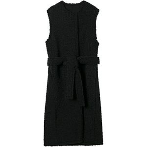 Za Winter Mode Vrouwen Lamswol Vest Met Mouwloze Gratis Riem Elegante Zwarte Lange Uitloper Jas