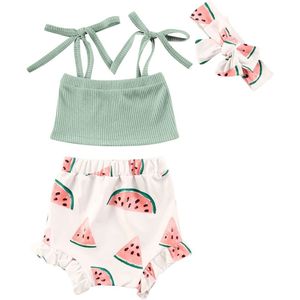 Baby Zomer Kleding 0-24M Pasgeboren Baby Meisjes Kleding Sets Watermeloen Geribbelde Gewassen Tops + Shorts Hoofdband 3 Pcs Sets