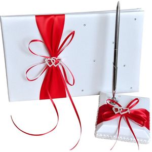 Bruiloft Gastenboek Met Pen Houder Sets Satijnen Strikken Handtekening Boek Met Diamanten Liefde Vorm Voor Party Decoraties-Rood + Wit