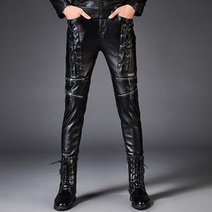 Mannen Herfst Winter Lederen Laars Broek Touw Rits Mode Casual Slim Fit PU Lederen Broek Mannelijke Punk Rock Motorfiets Broek