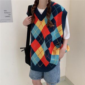Color Plaid Vintage Preppy Style Sweater Vest Women Oversized Loose BF Girls Tank Tops O-neck Autumn Warm Winter Casual