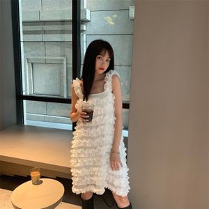 Slanke Stijl In Koreaanse Versie Slim Midi Vest Jurk Vrouwen Zomer Zoete Houten Oor Chiffon Dungaree Zoete Lolita jurk