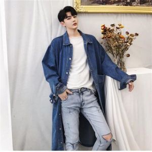 Mannen Lange Casual Denim Trenchcoat Streetwear Hip Hop Mode Losse Cowboy Vest Jas Mannelijke Jean Windbreaker Overjas