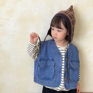Herfst Unisex Mode Grote Zakken Denim Vesten 2022 Kinderen Alle-Wedstrijd Losse Vesten