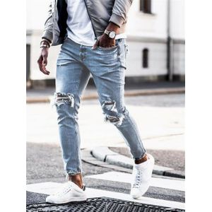 Lichtblauw Skinny Jeans Mannen Streetwear Vernietigd Ripped Jeans Homme Hip Hop Gebroken Modis Mannelijke Potlood Biker Hollow Out Jean broek