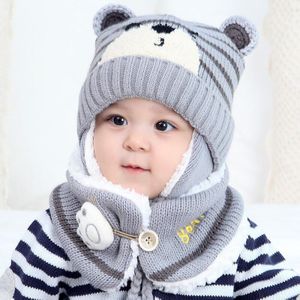 2 Stuks Unisex Kids Cartoon Beer Streep Hoeden Sjaal Baby Cap Set Meisje Jongen Cap Sjaal Set Kind Winter Oorbeschermers muts Sjaal Warm Pak