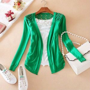 Vrouwen Lady Hollow Kant Gebreide Sweet Candy Kleur Crochet Knit Blouse Top Coat Trui Vest Lange Mouwen Slanke Dunne Out jas