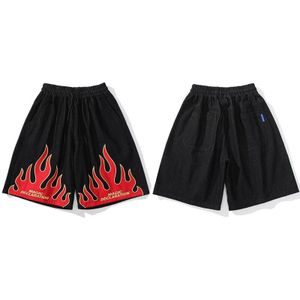 Fire Borduurwerk Denim Shorts Mannen Elastische Taille Hip Hop Strand Drewstring Vintage Jean Shorts Zomer Streetwear Shorts
