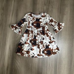 Girlymax Herfst/Winter Baby Meisjes Kinderen Kleding Boutique Bruin Koe Streep Lange Mouw Farm Yard Knie Lengte Jurk Melk zijde