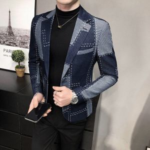Luxe Denim Blazers Mannen Lente Herfst Een Knop Sociale Man Koreaanse Plaid Pak Jas Street Wear Slim Fit Mens Casual blazer 3XL