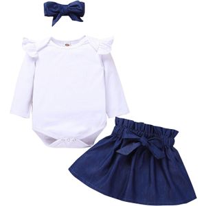 Pasgeboren Baby Meisjes Kleding Meisje Set Ruches Effen Kleur Romper Bodysuit + Strik Rok + Hoofdband Outfits 3 6 12 18 Maanden