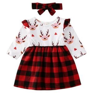Christams Jurk Voor Baby Meisje Mode Kleding Outfit, Kerst Herten Print Lange Mouwen Trui Plaid Jurk 0-24months