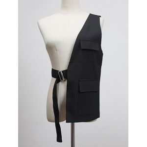 [Eam] Vrouwen Loose Fit Zwart Een Kant Gesp Split Gezamenlijke Vest V-Kraag Mouwloze Mode Tij lente Herfst 1Y958