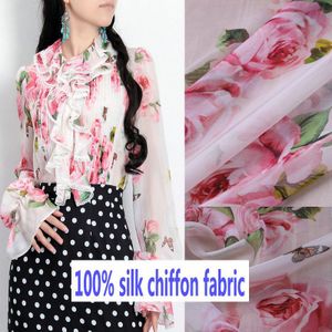 Roze rose bloemen gedrukt dunne zijde chiffon stof, 100% Moerbei zijde chiffon kleding stof, vrouwen shirt jurk tissu au meter
