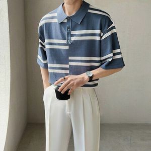 2022 Zomer Gestreepte Polo Shirts Mannen Ijs Zijde Gebreide Korte Mouw Polo Shirts Casual Business Social Revers Tee Tops Mannen kleding