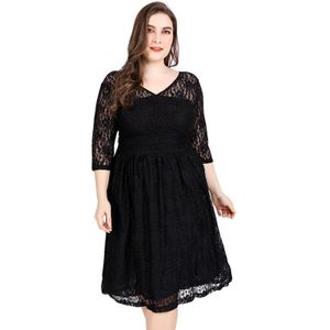 Zwarte Kanten Jurk Midi Vrouwen Zomer V-hals Hollow Out Half Sleeve V Backless Sexy Feestjurk 5XL 6XL Plus size Vrouwen Jurken