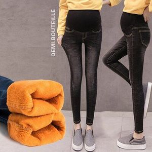 1610 # Winter Thicken Warm Plus Fluwelen Denim Jeans Hoge Taille Buik Broek Kleding Voor Zwangere Vrouwen Zwangerschap Broek