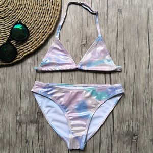 9-16 jaar Meisje Badpak Kids Zilver Stempelen Tiener Meisje Bikini Set Gradiënt Kleur Kinderen Badmode Bling Meisje Baden suits