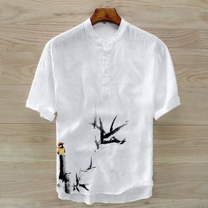 Stand Kraag Korte Mouwen Zuiver Linnen Overhemd Mannen Chinese Inkt Schilderen Print Vlas Witte Shirts Voor Mannen Camisa Masculina chemise