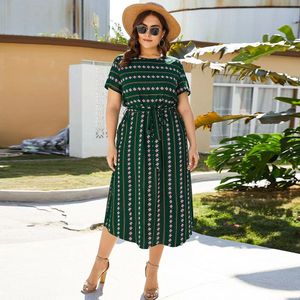 Jurken Voor Vrouwen Casual O Hals Met Korte Mouwen Geometrische Print Vintage Jurk Plus Size Groen Dames Tuniek Maxi Jurken