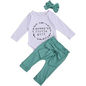 Pasgeboren Baby Herfst Kleding Lange Mouwen Brief Rompertjes Top + Groene Strik Broek + Haarband Outfit Voor Peuter Meisje set